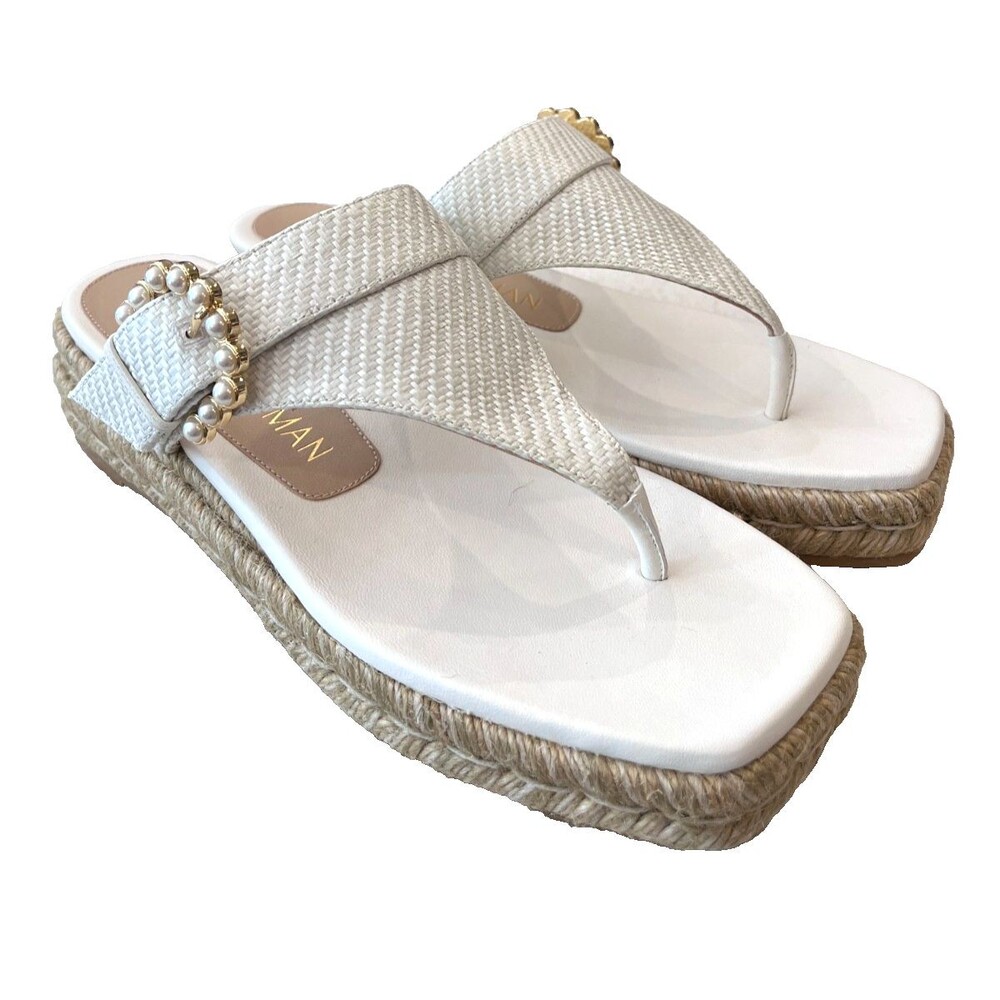 Stuart Weitzman White Woven Pearl-Trim Espadrille Thong Sandals
